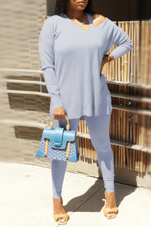 Water Blue Fashion Casual Solid Hollowed Out V Neck Long Sleeve Two Pieces
