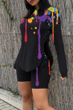 Grey Casual Print Patchwork Asymmetrical Hooded Collar Long Sleeve Two Pieces
