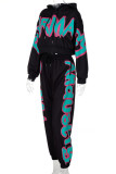 Black Street Print Patchwork Hooded Collar Long Sleeve Two Pieces