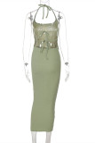 Green Fashion Sexy Solid Bandage Backless Halter Sleeveless Two Pieces