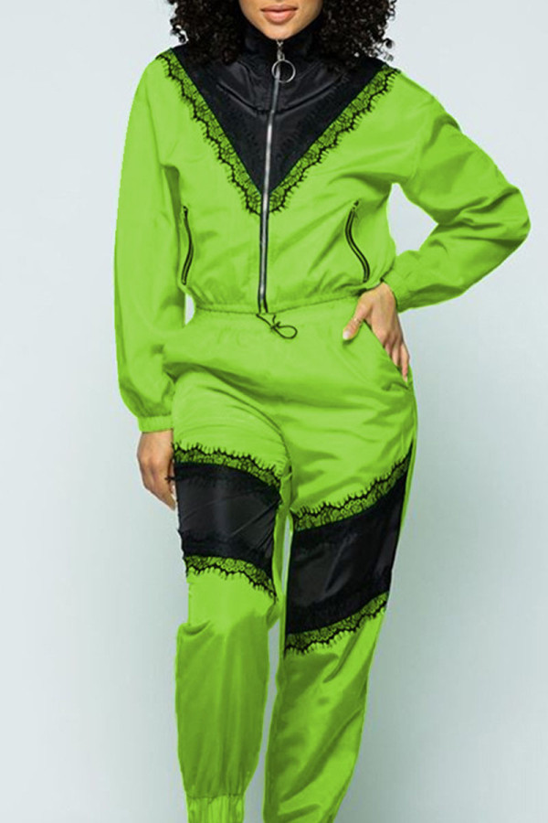 Fluorescent Green Casual Solid Lace Patchwork Zipper Collar Long Sleeve Two Pieces