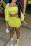 Yellow Sexy Solid Patchwork Strapless Long Sleeve Three Pieces