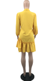Yellow Casual Solid Flounce Turndown Collar Cake Skirt Dresses