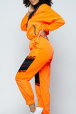Tangerine Casual Solid Lace Patchwork Zipper Collar Long Sleeve Two Pieces