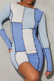 Blue Sexy Solid Patchwork O Neck Pencil Skirt Dresses