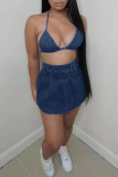 Blue Sexy Casual Solid Bandage Backless Halter Sleeveless Two Pieces