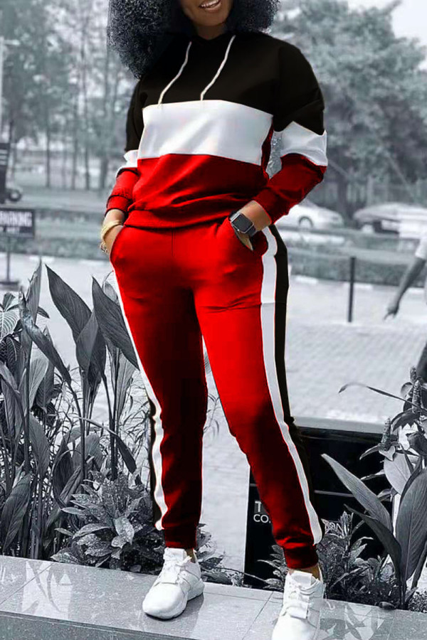 Red Casual Solid Patchwork Hooded Collar Long Sleeve Two Pieces