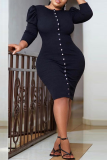 Black Sexy Solid Buckle O Neck Waist Skirt Dresses