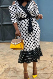 White Fashion Street Polka Dot Patchwork V Neck One Step Skirt Dresses