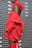 Red Fashion Casual Solid Zipper Hooded Collar Long Sleeve Dresses