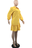 Yellow Casual Solid Flounce Turndown Collar Cake Skirt Dresses
