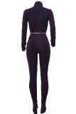 Coffee Casual Solid Patchwork Fold Zipper Zipper Collar Long Sleeve Two Pieces