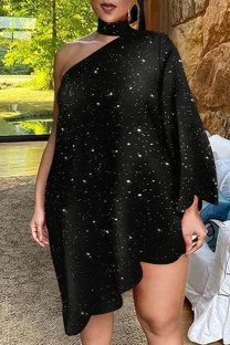 Black Fashion Sexy Plus Size Print Hollowed Out Turtleneck Long Sleeve Dress