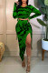 Green Sexy Print Split Joint Draw String High Opening Asymmetrical O Neck Long Sleeve Two Pieces