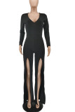 Red Casual Simplicity Solid Patchwork Slit V Neck Straight Jumpsuits