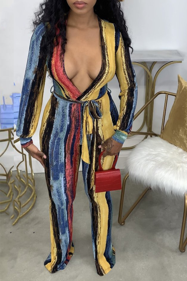 Colour Sexy Striped Patchwork V Neck Boot Cut Jumpsuits