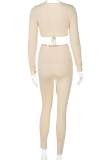 Apricot Sexy Solid Patchwork V Neck Long Sleeve Two Pieces