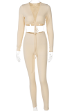 Apricot Sexy Solid Patchwork V Neck Long Sleeve Two Pieces