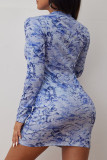 Blue Fashion Street Print Fold Zipper Collar One Step Skirt Dresses
