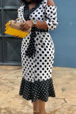 White Fashion Street Polka Dot Patchwork V Neck One Step Skirt Dresses