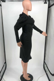 Black Sexy Solid Buckle O Neck Waist Skirt Dresses