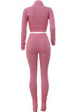 Pink Casual Solid Patchwork Fold Zipper Zipper Collar Long Sleeve Two Pieces