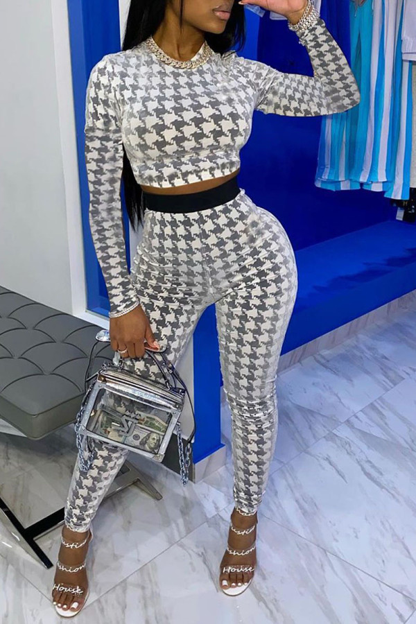 White Casual Street Print Patchwork O Neck Long Sleeve Two Pieces