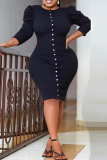 Black Sexy Solid Buckle O Neck Waist Skirt Dresses