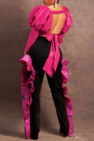 Yellow Sexy Solid Patchwork Flounce Fold Square Collar Long Sleeve Two Pieces