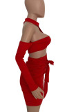 Tangerine Red Sexy Solid Bandage Hollowed Out Patchwork Asymmetrical O Neck Pencil Skirt Dresses