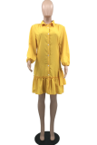 Yellow Casual Solid Flounce Turndown Collar Cake Skirt Dresses