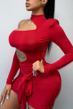 Tangerine Red Sexy Solid Bandage Hollowed Out Patchwork Asymmetrical O Neck Pencil Skirt Dresses
