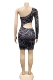 Pink Sexy Print Patchwork One Shoulder Pencil Skirt Dresses