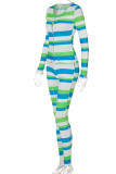 Green Street Striped Print Patchwork O Neck Long Sleeve Two Pieces