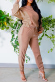 Apricot Fashion Casual Patchwork Basic O Neck Long Sleeve Two Pieces