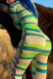 Green Street Striped Print Patchwork O Neck Long Sleeve Two Pieces