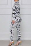 Blue Fashion Street Print Patchwork Turndown Collar Jumpsuits