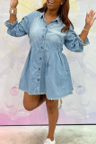 Light Blue Casual Solid Patchwork Turndown Collar Cake Skirt Dresses