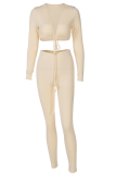 Apricot Sexy Solid Patchwork V Neck Long Sleeve Two Pieces