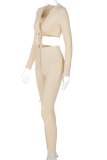 Apricot Sexy Solid Patchwork V Neck Long Sleeve Two Pieces