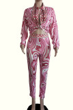 Multicolor Fashion Casual Print Basic Turndown Collar Long Sleeve Two Pieces