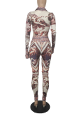 Gold Sexy Print Split Joint Turndown Collar Long Sleeve Two Pieces