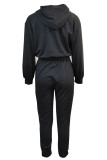 Black Fashion Casual Print Patchwork Hooded Collar Long Sleeve Two Pieces