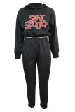 Black Fashion Casual Print Patchwork Hooded Collar Long Sleeve Two Pieces