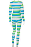 Green Street Striped Print Patchwork O Neck Long Sleeve Two Pieces