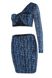 Blue Fashion Sexy Print Patchwork One Shoulder Long Sleeve Two Pieces