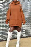 Red Fashion Casual Solid Zipper Hooded Collar Long Sleeve Dresses