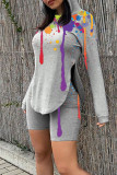 Grey Casual Print Patchwork Asymmetrical Hooded Collar Long Sleeve Two Pieces