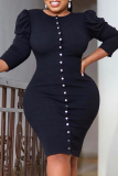 Black Sexy Solid Buckle O Neck Waist Skirt Dresses