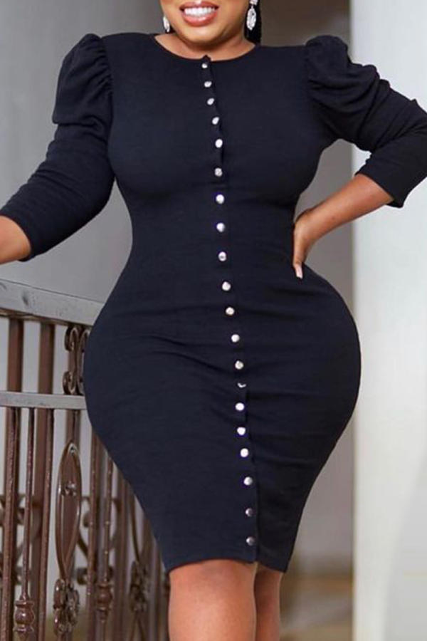 Black Sexy Solid Buckle O Neck Waist Skirt Dresses